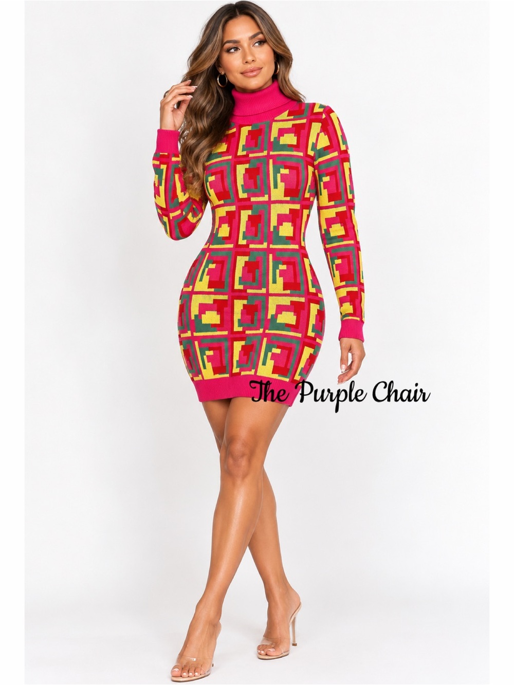 NWT Abstract Geometric Print Turtleneck Sweater Mini Dress Long Sleeve Colorful